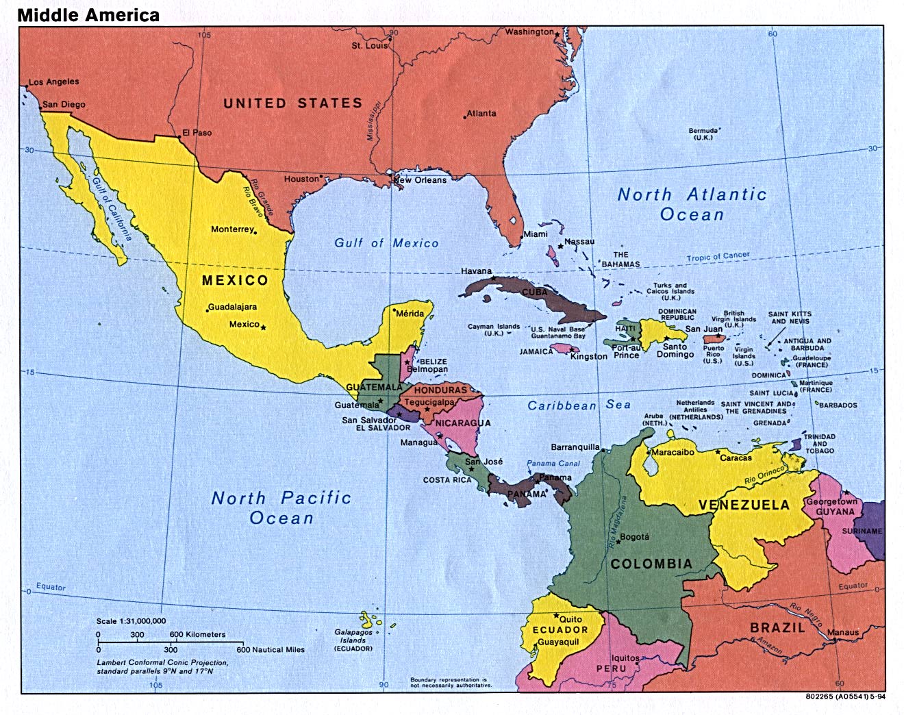 politická mapa Střední Ameriky