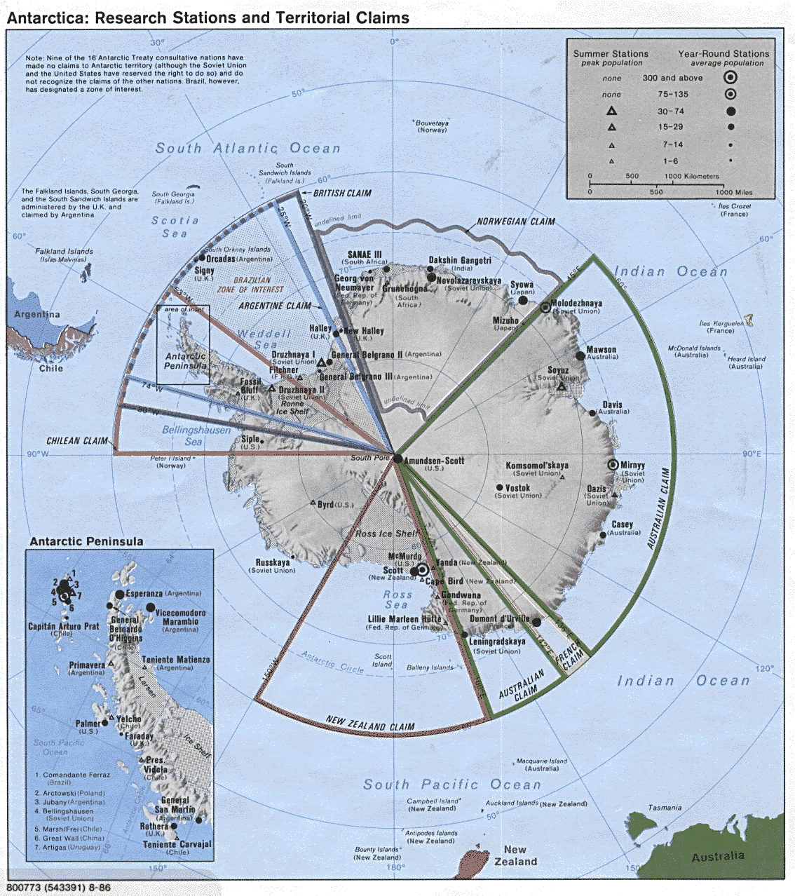 mapa sektorů a výzkumných stanic v Antarktidě