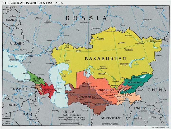 mapa oblasti Kavkazu a střední Asie