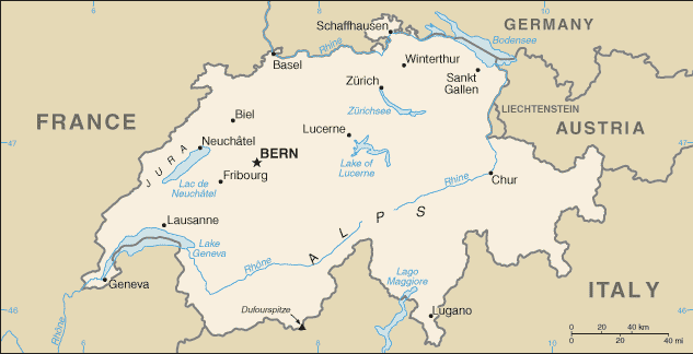 malá mapa Švýcarska