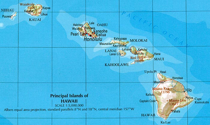 reliéfní mapa Havajských ostrovů