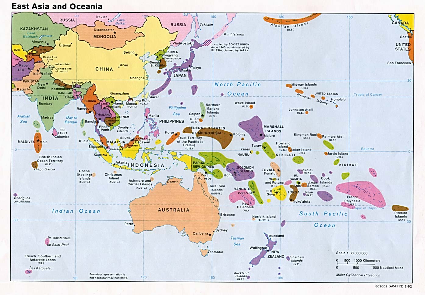 politická mapa východní Asie a Oceánie